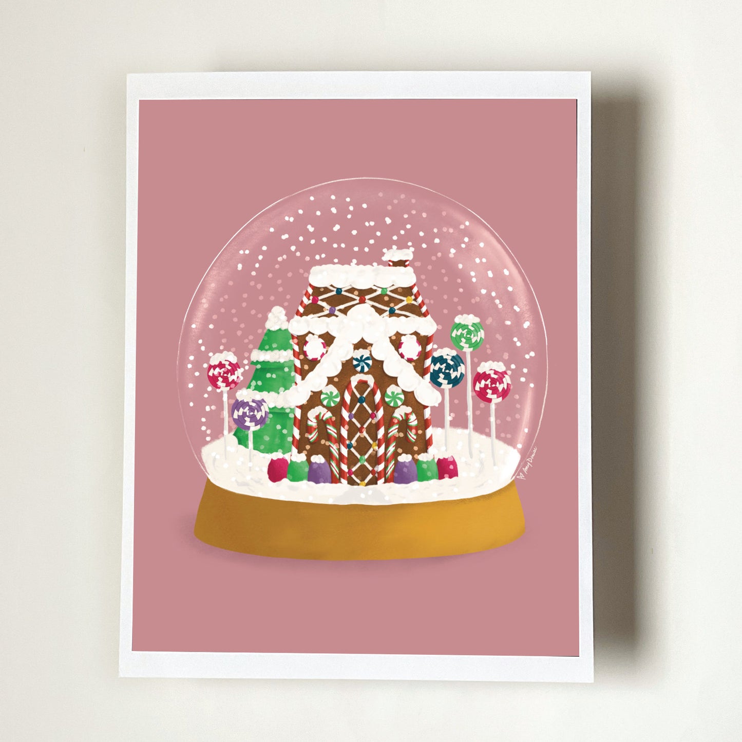 Pink Snow Globe - Whimsical Gingerbread House Christmas Art Print