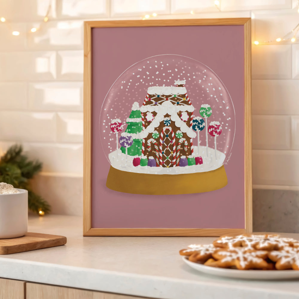 Pink Snow Globe - Whimsical Gingerbread House Christmas Art Print