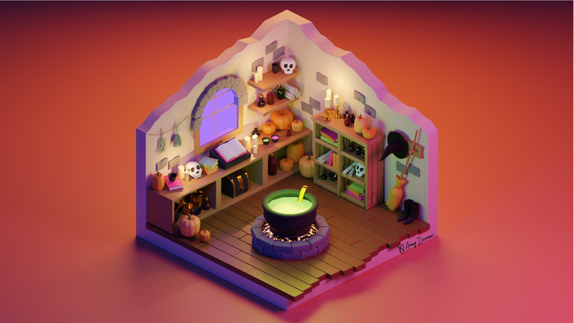 Witchy Cauldron Room 3D Illustration by Amy Denise