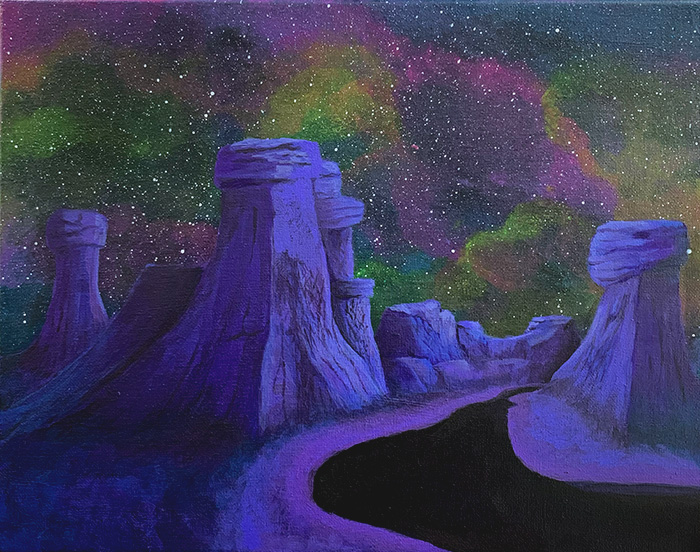 week 3 more details and glazing in colors of Purple Planet painting