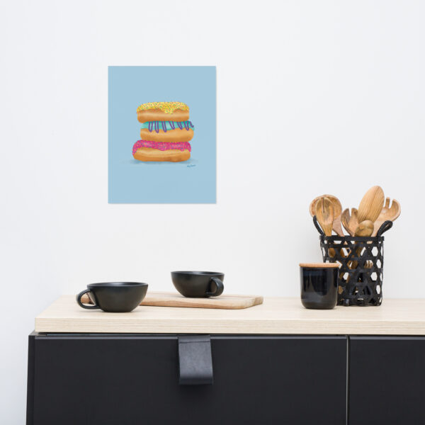 11x14 matte paper poster print of Donut Stack by Amy Denise in kitchen