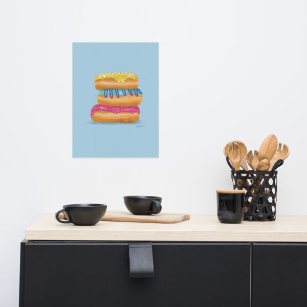 12x16 matte paper poster print of Donut Stack by Amy Denise in kitchen