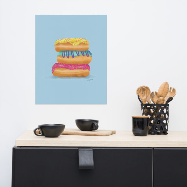 16x20 matte paper poster print of Donut Stack by Amy Denise in kitchen